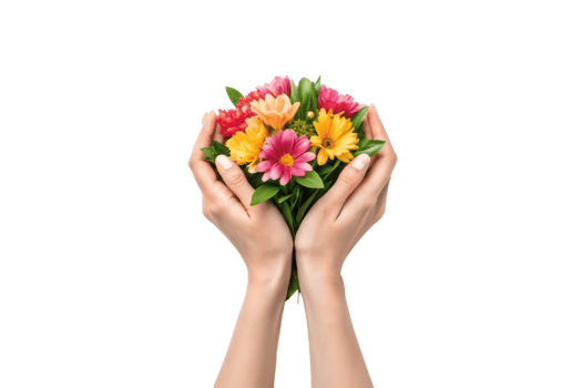 Colorful bouquet held by hands in soft light png