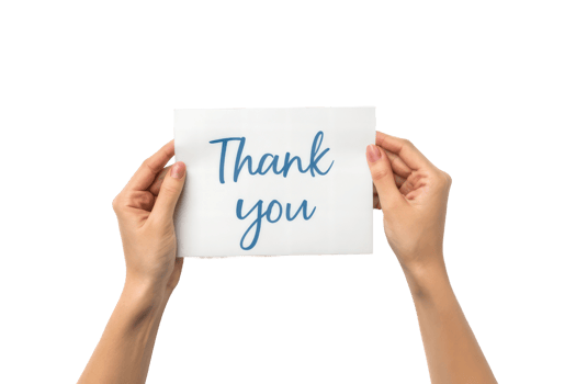Hands holding a thank you card with blue text png