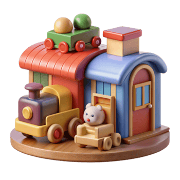Playful Render of Wooden Toy Train and House, Adorable Cartoon Style png