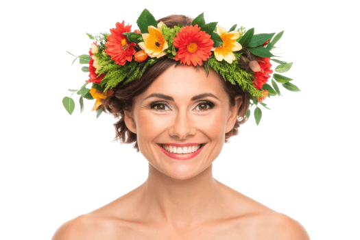 Smiling woman in vibrant flower crown png