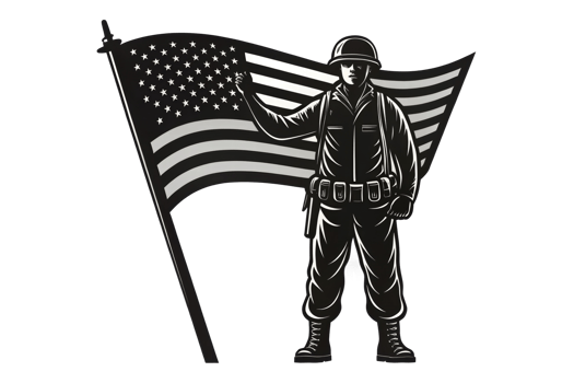 Soldier holding American flag in tribute scene png