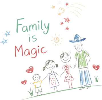 Playful family drawing with children and smiling parents in stick figures. . png