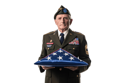 Veteran with flag at tribute ceremony png