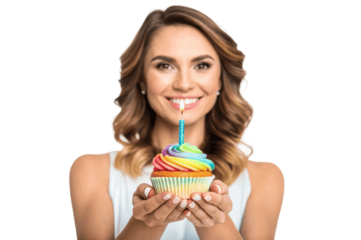 Woman celebrates birthday with a colorful cupcake png