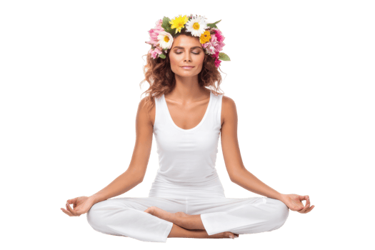 Woman meditates with a flower crown png