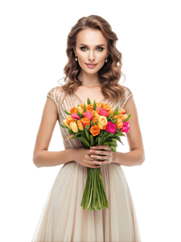 Lovely woman with bright flower bouquet png