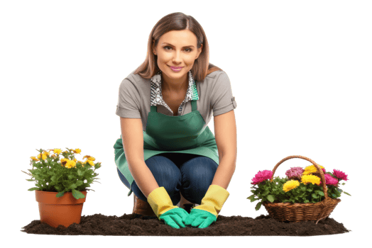 Woman planting flowers in a garden layout png