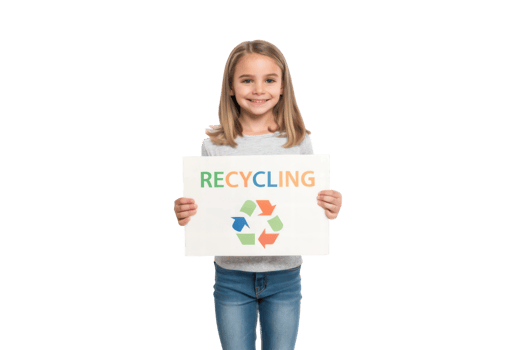 Child promoting recycling with sign at home png