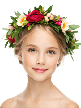 Girl with floral crown smiling happily png