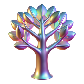 Iridescent Tree Illustration, Colorful Abstract Tree, Rainbow Gradient Leaves, Stylized Nature, Digital Art, Shiny Metallic Texture, Abstract Tree Graphic, Vibrant Tree Design, Fantasy Tree Render png