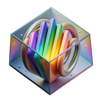 Rainbow Abstract Cube Illustration Intertwined Metallic Tubes in Glass Enclosure png