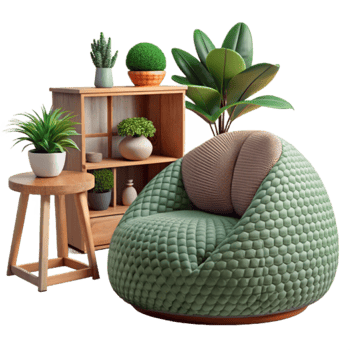 Render Green Upholstered Swivel Chair with Plants and Wooden Shelf Living Room Setup png