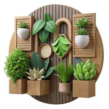Render of Circular Wooden Planter Wall Decor with Succulents and Tropical Plants png