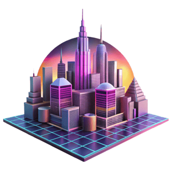 Neon Cityscape Illustration A Vibrant, Stylized Urban Metropolis at Sunset png