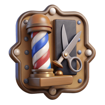 Render of Barbershop Pole, Scissors, and Straight Razor on Ornate Frame png