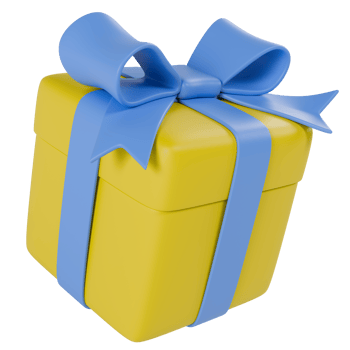 Stylized yellow gift box with blue ribbon on transparent background png
