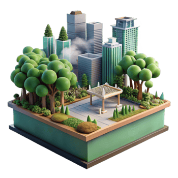 Urban Oasis Illustration Green Cityscape with Lush Park, Modern Buildings, and Relaxing Gazebo png
