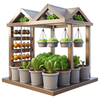 Render of Indoor Greenhouse with Hanging and Potted Plants png