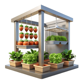 Render Indoor Vertical Garden System with Tomatoes, Lettuce, and Wheatgrass png