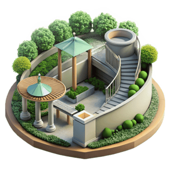 Illustration of a Circular Garden Design with Gazebos and Winding Staircase png