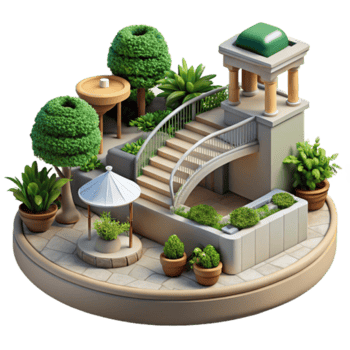 Isometric Garden Illustration Lush Greenery Steps Pavilion png
