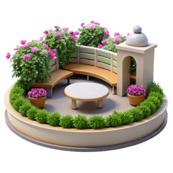 Render Peaceful Garden Oasis Circular Bench, Table, Lush Greenery, and Flowers png