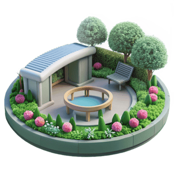 Illustration Lush Garden Design Modern Pavilion and Bench png