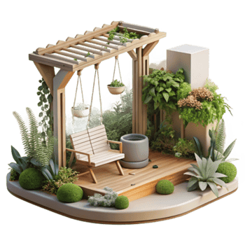 Serene Garden Oasis Illustration Lush Greenery Wooden Pergola Hanging Planters Relaxing Bench png