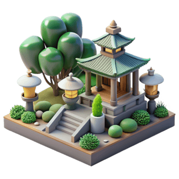 Render Isometric View of Tranquil Asian Garden Pavilion png