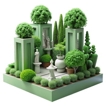 Miniature Garden Illustration Lush Greenery Statues Plants Potted Trees png