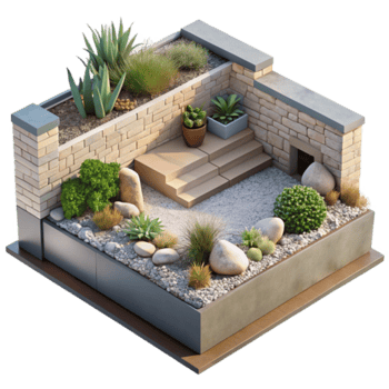Render Isometric View of a Modern Zen Garden Design with Stone Walls and Succulents png