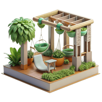Illustration of a Serene Garden Patio with Hanging Planters and Relaxing Lounger png