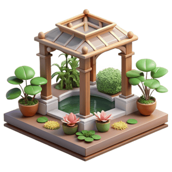 Render Isometric Garden Gazebo Illustration Lush Greenery Pond Plants Flowers png