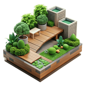 Illustration Rooftop Garden Design Lush Greenery Plants Wooden Deck Modern Architecture png