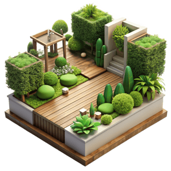 Render of a Lush Rooftop Garden Design with Wooden Deck and Modern Planters png
