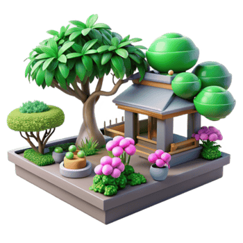 Render Miniature Zen Garden with Pavilion, Bonsai Tree, and Lush Greenery png