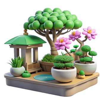 Render of Miniature Zen Garden with Bonsai Trees and Pagoda png