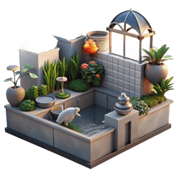 Serene Render of a Modern Zen Garden with Koi Pond and Pavilion png