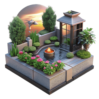 Serene Garden Landscape Illustration Tranquil Sunset Backdrop, Fire Feature, and Lush Greenery png