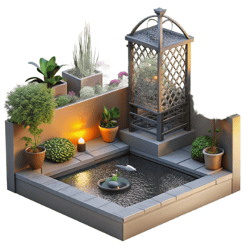 Illustration Peaceful Garden Design Backyard Pond Landscaping png