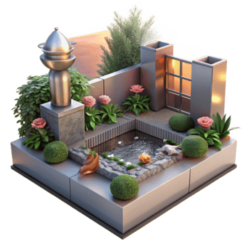 Serene Render of a Modern Zen Garden with Water Feature png