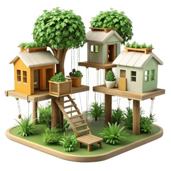 Render of Idyllic Treetop Houses, Lush Greenery, Wooden Structures, Childrens Play Area, Wooden Staircase, Miniature Homes, Cartoonish Style Illustration png