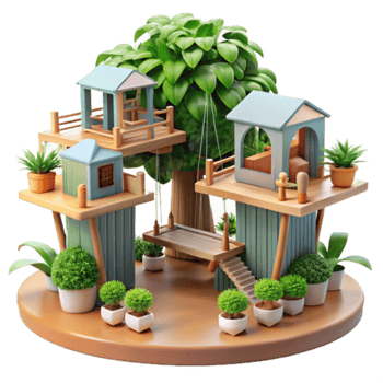 Enchanted Treetop Houses Illustration A Whimsical Playful Scene with Wooden Structures, Lush Greenery, and Hanging Swings png