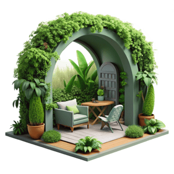 Render Lush Greenery Archway Garden Patio Scene Illustration png