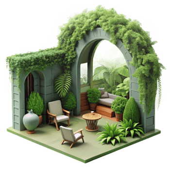 Render Lush Greenery Patio Garden Illustration Tranquil Outdoor Oasis png