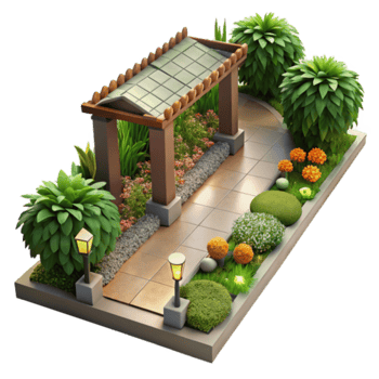 Garden Design Illustration Lush Greenery Walkway Pergola Landscaping Architecture png