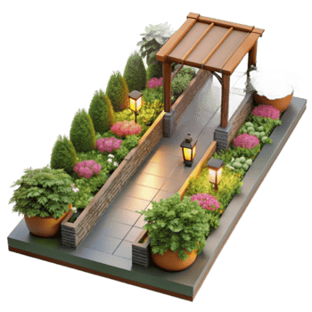 Illuminated Garden Path Illustration Landscaping Design with Pergola, Flowers, and Planters png
