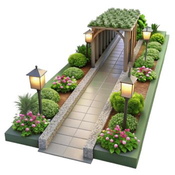 Render Garden Pathway Design with Pergola and Lighting png