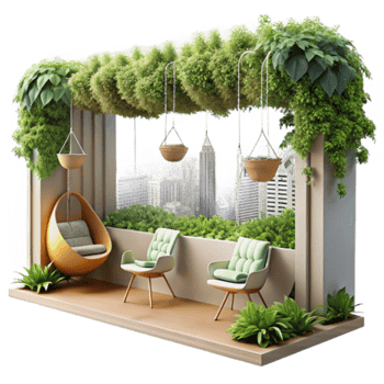 Urban Oasis Balcony Render Lush Greenery Cityscape View png