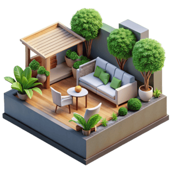 Isometric Illustration Cozy Terrace Design Wooden Pergola Lush Greenery png